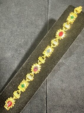 NOS/ Vtg Gold Plated Multicolored Glass Gemstone Link Bracelet